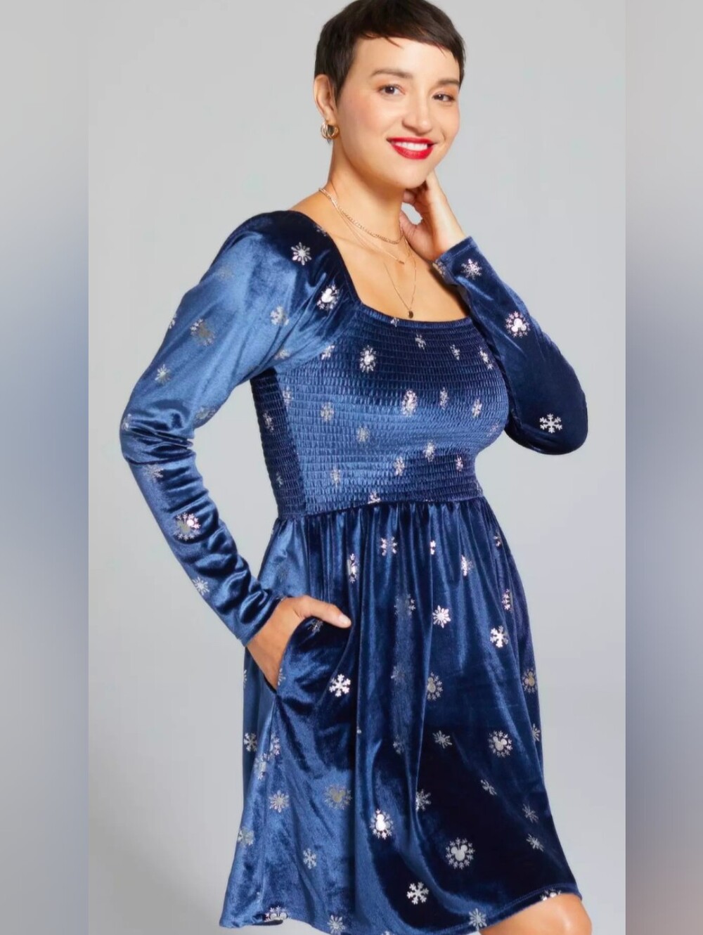 Disney Mickey Mouse Snowflake Allover Print Long Sleeve Smock Dress